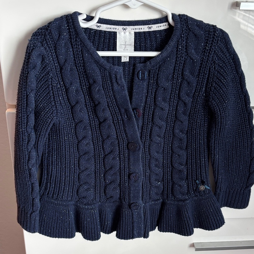 Jasper Conran Junior navy Blue Cable Knit peplum kids cardigan size 3-4 years